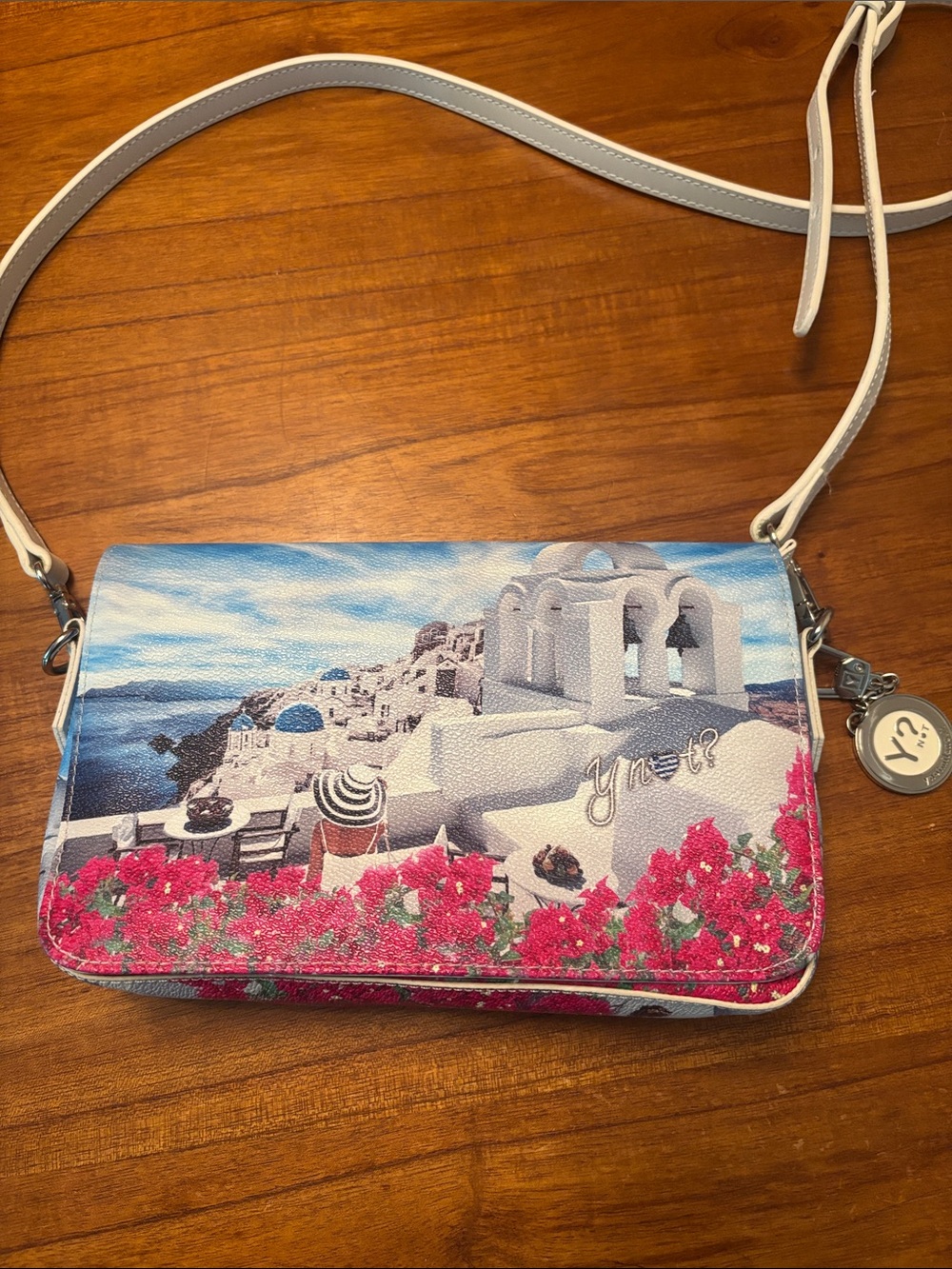 White Crossbody Bag with Santorini Scenic Print and Pink Floral Accents